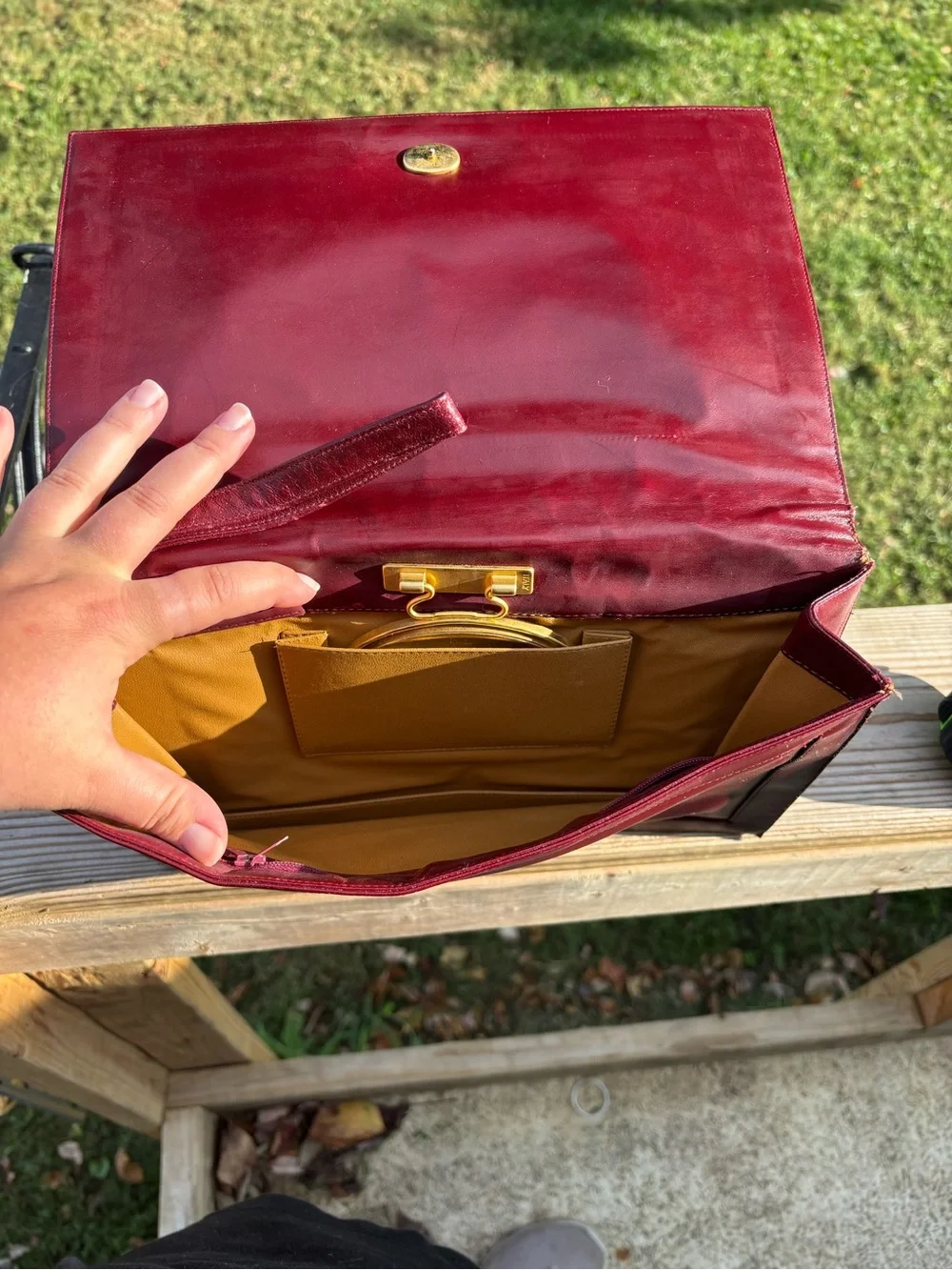 vintage Lou Taylor Italian leather swivel mirror clutch